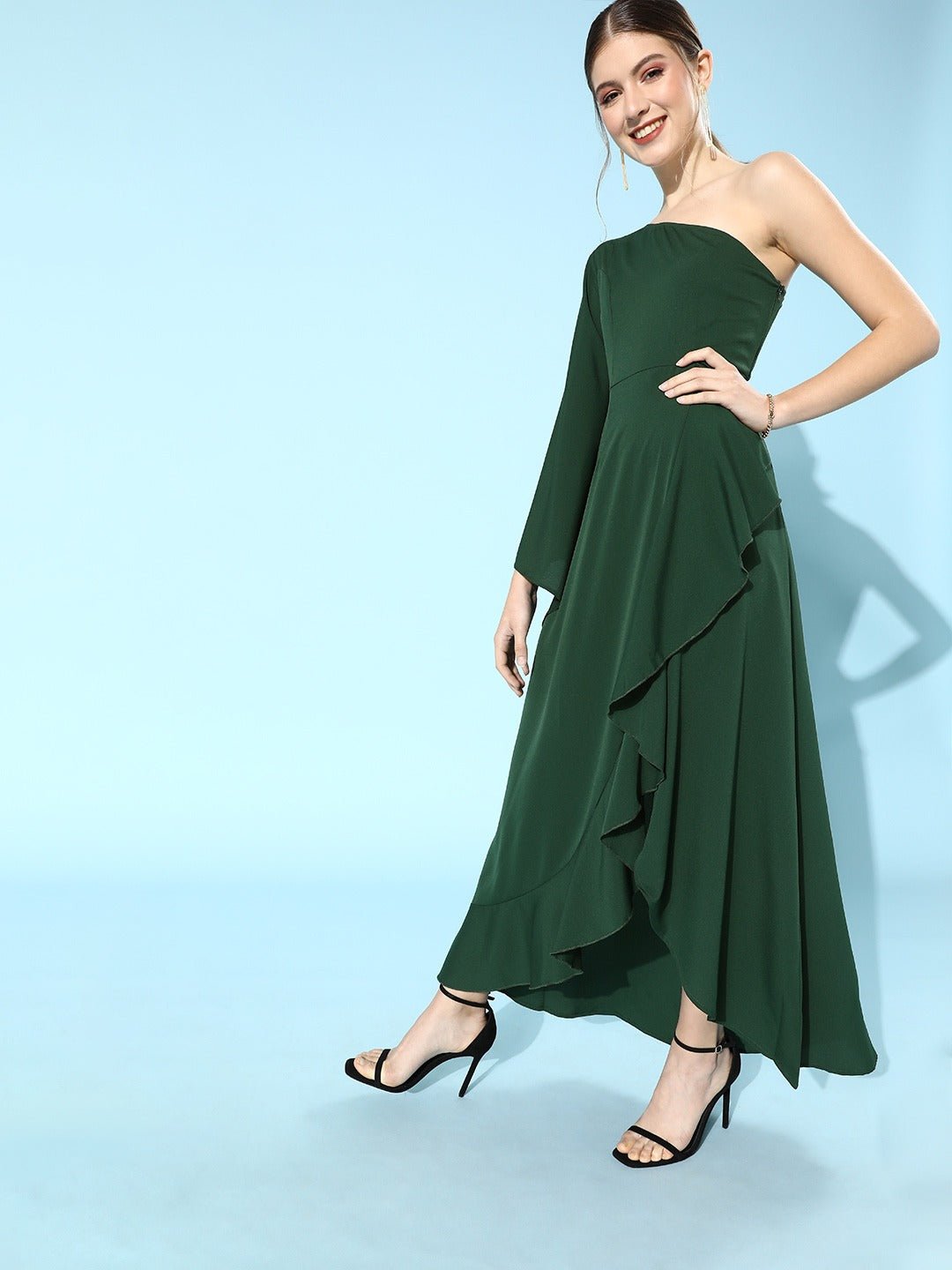 Folk Republic Women Solid Green One Shoulder Crepe A-Line Maxi Dress - #folk republic#