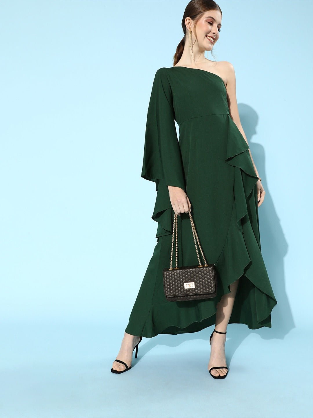 Folk Republic Women Solid Green One Shoulder Crepe A-Line Maxi Dress - #folk republic#