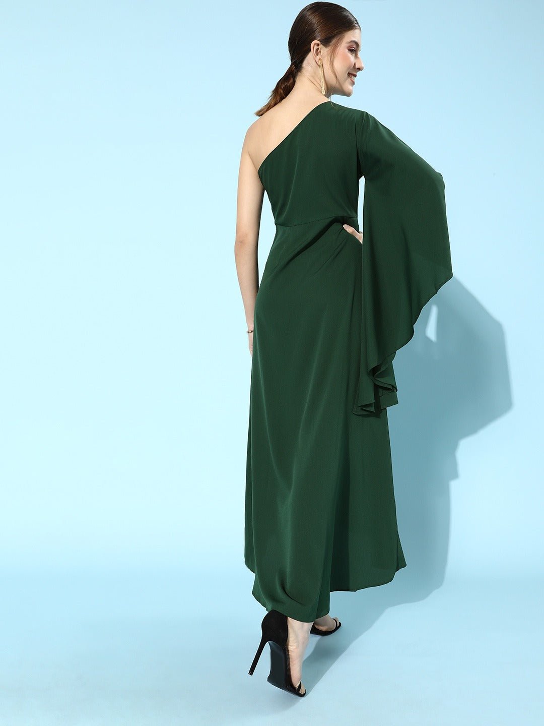 Folk Republic Women Solid Green One Shoulder Crepe A-Line Maxi Dress - #folk republic#