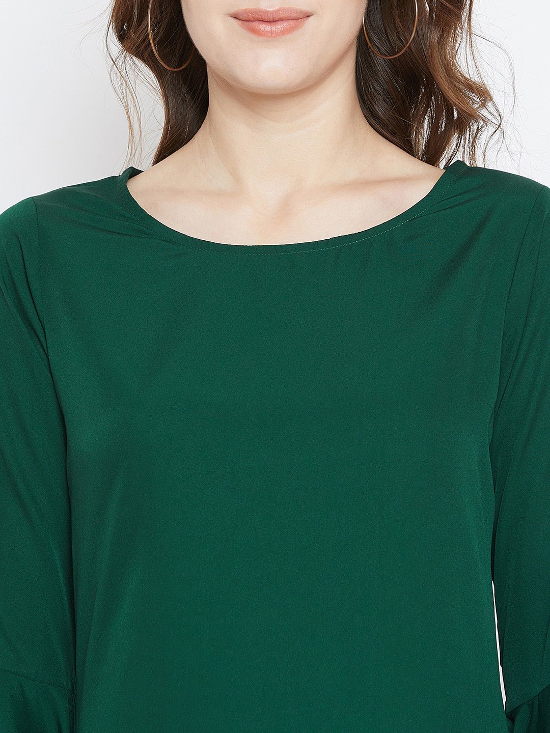 Folk Republic Women Solid Green Round Neck Bell Sleeves A-Line Mini Dress - #folk republic#