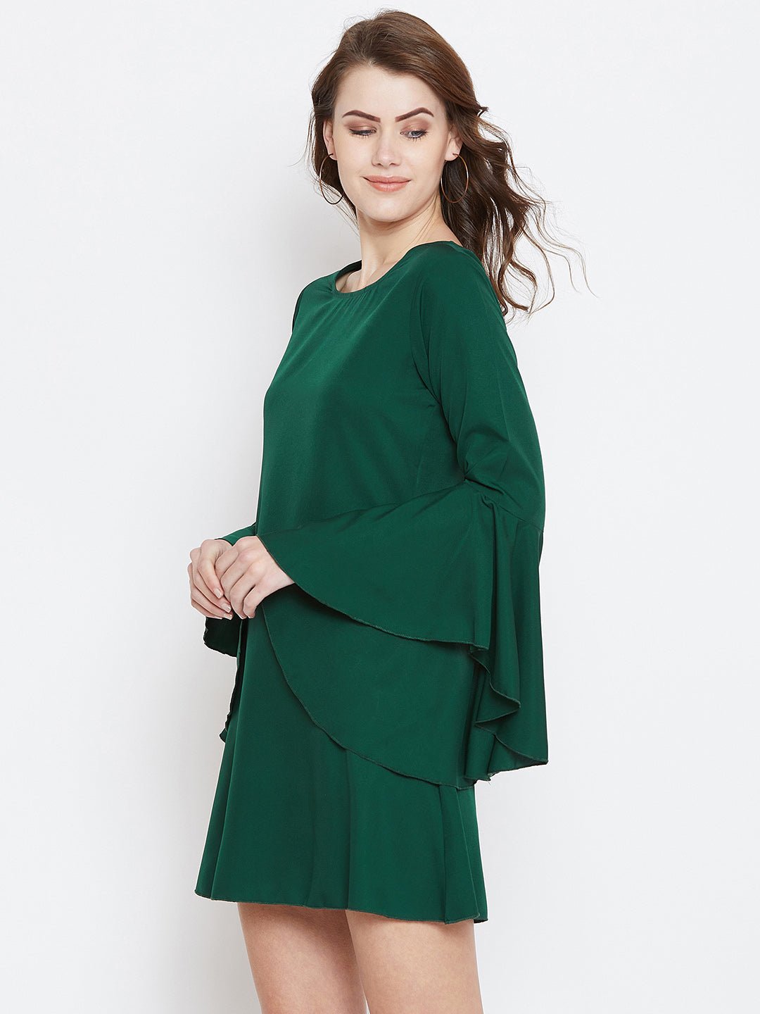 Folk Republic Women Solid Green Round Neck Bell Sleeves A-Line Mini Dress - #folk republic#