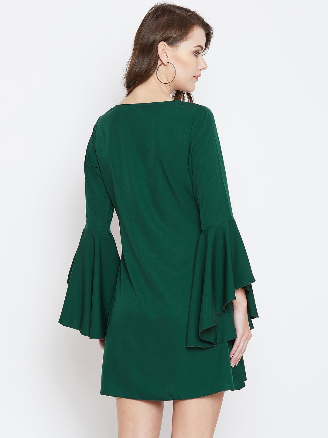 Folk Republic Women Solid Green Round Neck Bell Sleeves A-Line Mini Dress - #folk republic#