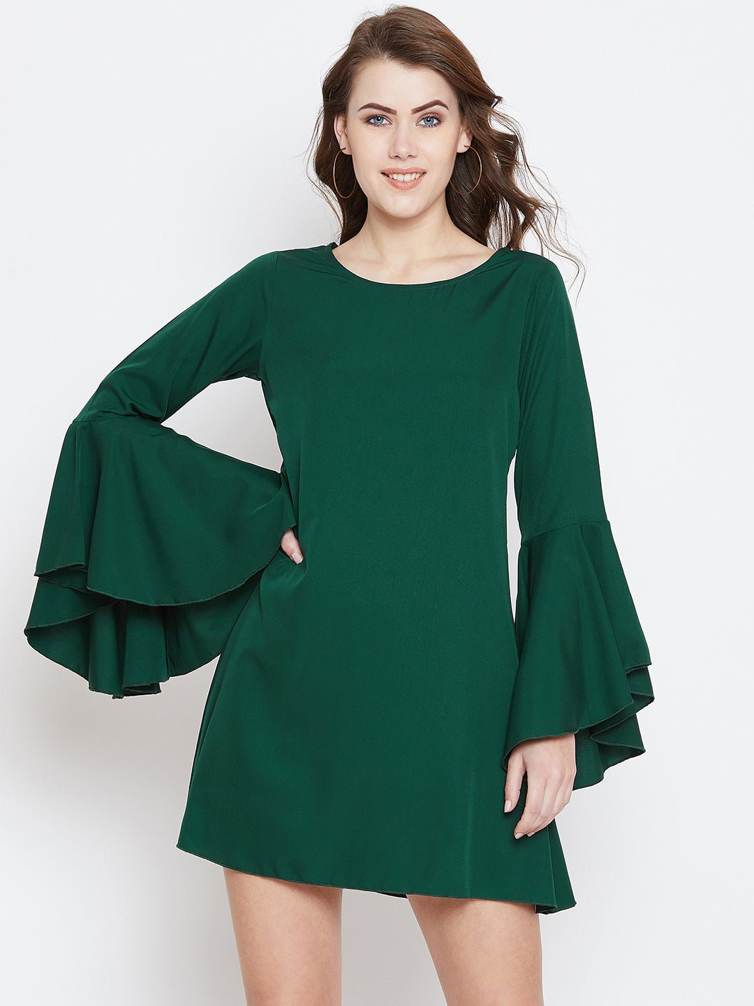 Folk Republic Women Solid Green Round Neck Bell Sleeves A-Line Mini Dress - #folk republic#