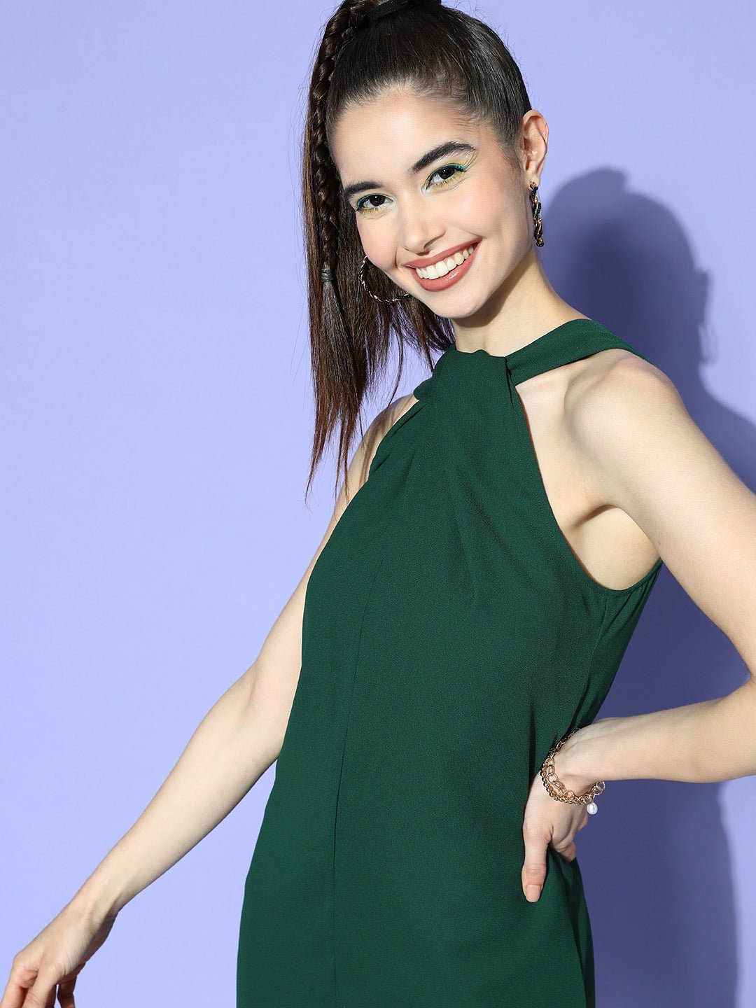 Folk Republic Women Solid Green Round Neck Sleeveless Crepe Straight Hem Mini Dress - #folk republic#