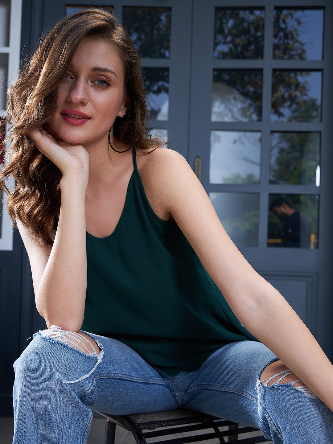 Folk Republic Women Solid Green Round Neck Sleeveless Overlap Back Crepe Scallop Hem Cropped Top - #folk republic#