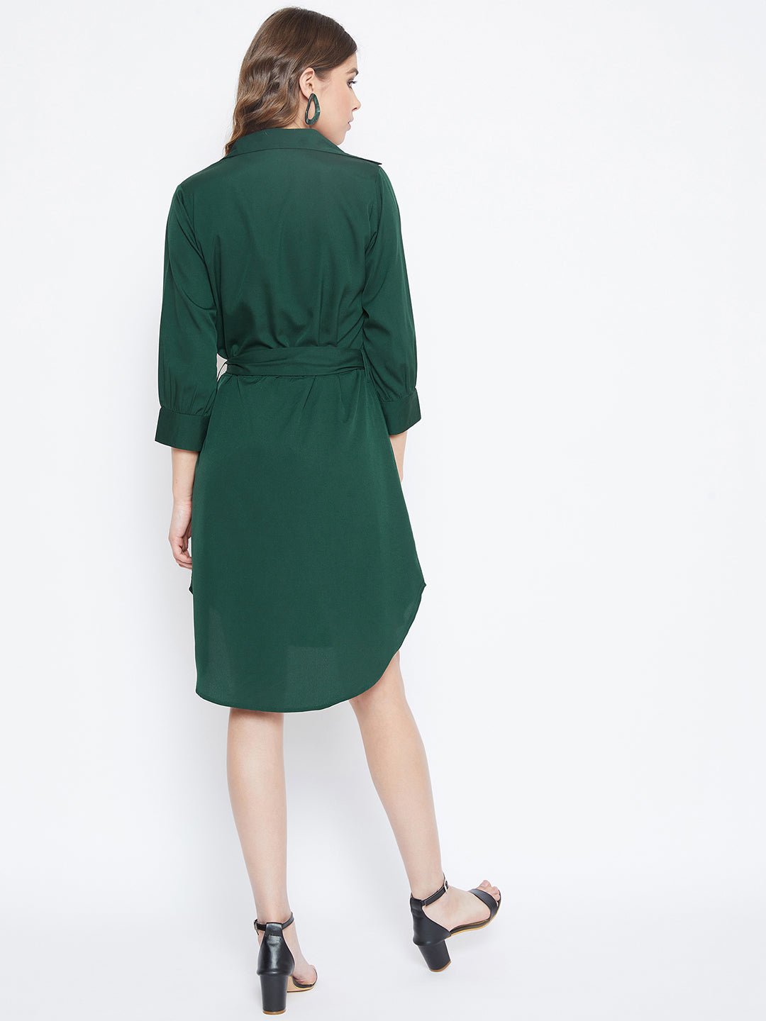 Folk Republic Women Solid Green Shirt Collor Curved Mini Dress - #folk republic#