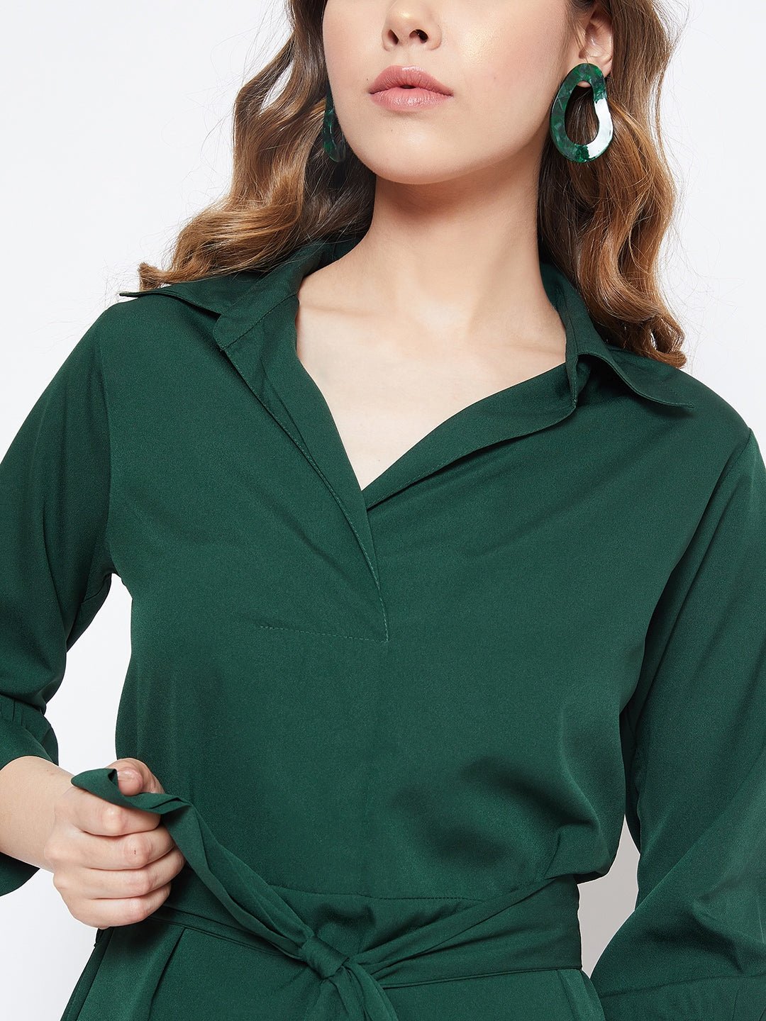 Folk Republic Women Solid Green Shirt Collor Curved Mini Dress - #folk republic#