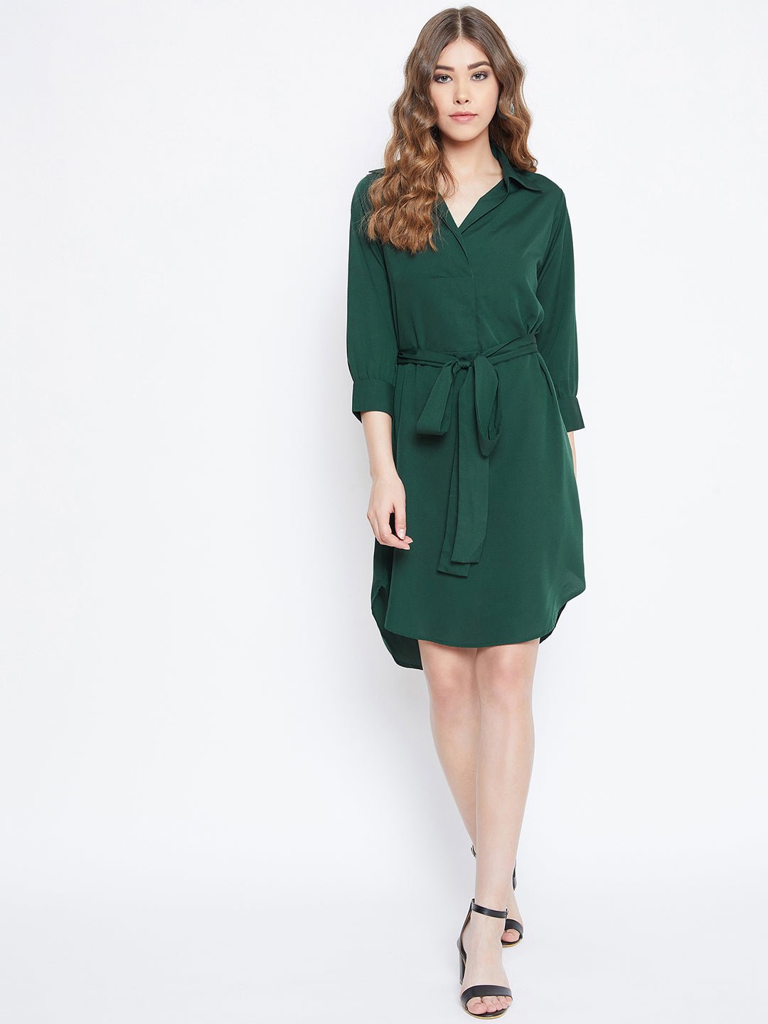 Folk Republic Women Solid Green Shirt Collor Curved Mini Dress - #folk republic#