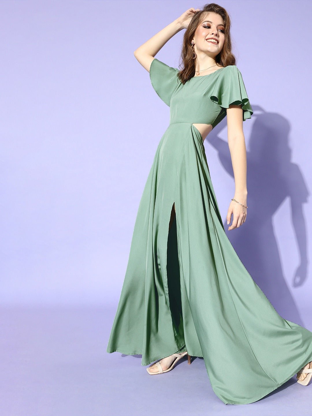 Folk Republic Women Solid Green Side Slit Cutout Maxi Dress - #folk republic#