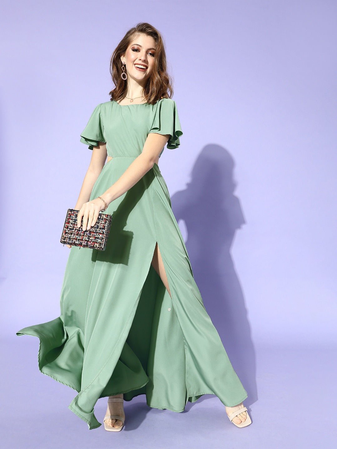 Folk Republic Women Solid Green Side Slit Cutout Maxi Dress - #folk republic#