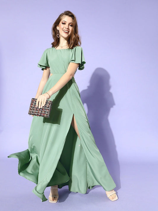 Folk Republic Women Solid Green Side Slit Cutout Maxi Dress - #folk republic#