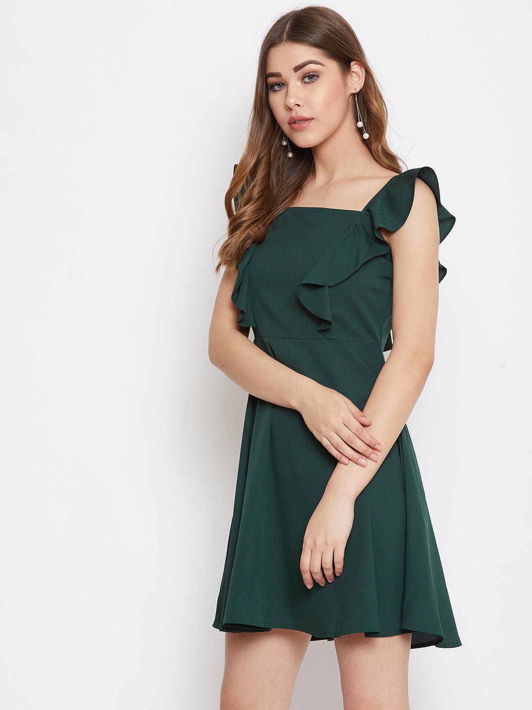 Folk Republic Women Solid Green Sleeveless Ruffled Fit & Flare Mini Dress - #folk republic#