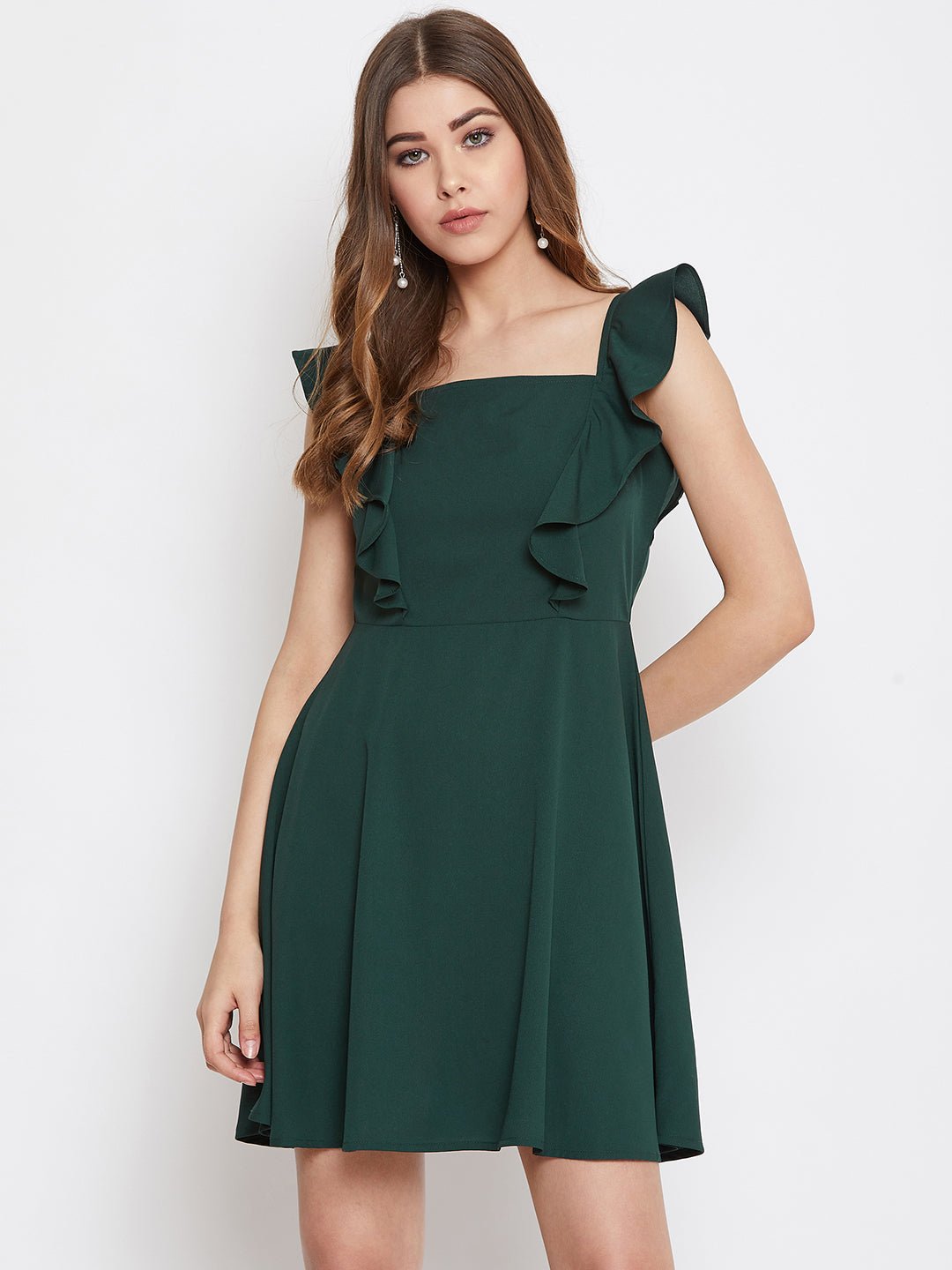 Folk Republic Women Solid Green Sleeveless Ruffled Fit & Flare Mini Dress - #folk republic#
