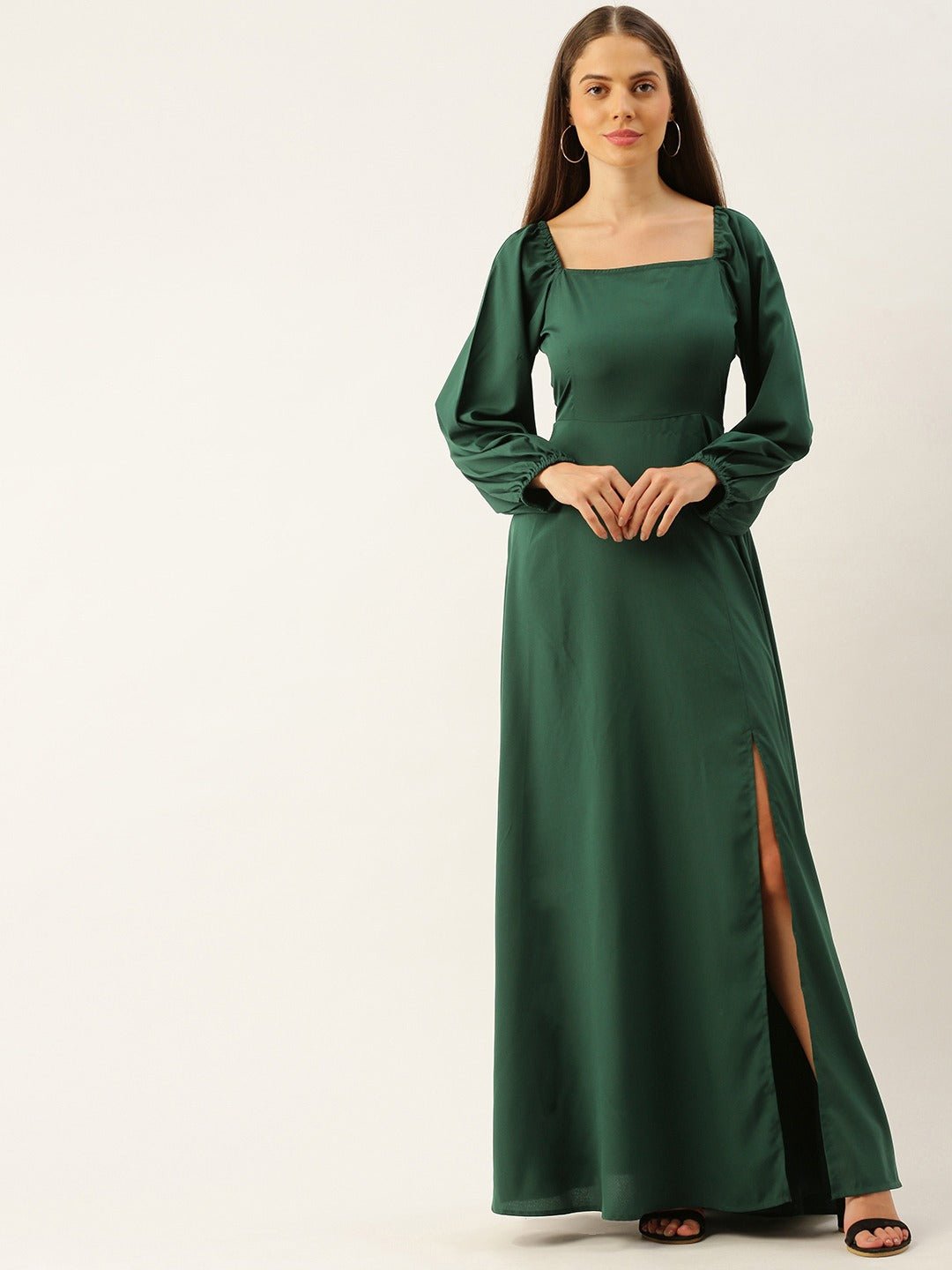 Folk Republic Women Solid Green Square Neck Slim-Fit Maxi Dress - #folk republic#
