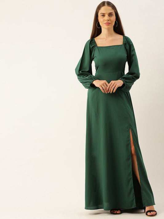 Folk Republic Women Solid Green Square Neck Slim-Fit Maxi Dress - #folk republic#