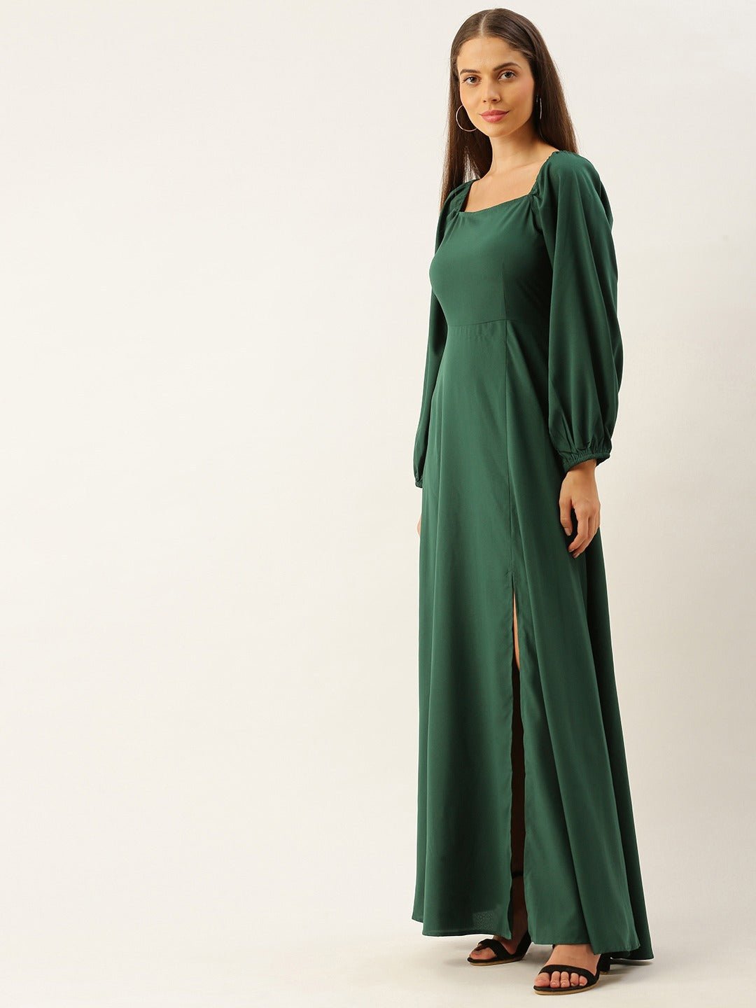 Folk Republic Women Solid Green Square Neck Slim-Fit Maxi Dress - #folk republic#