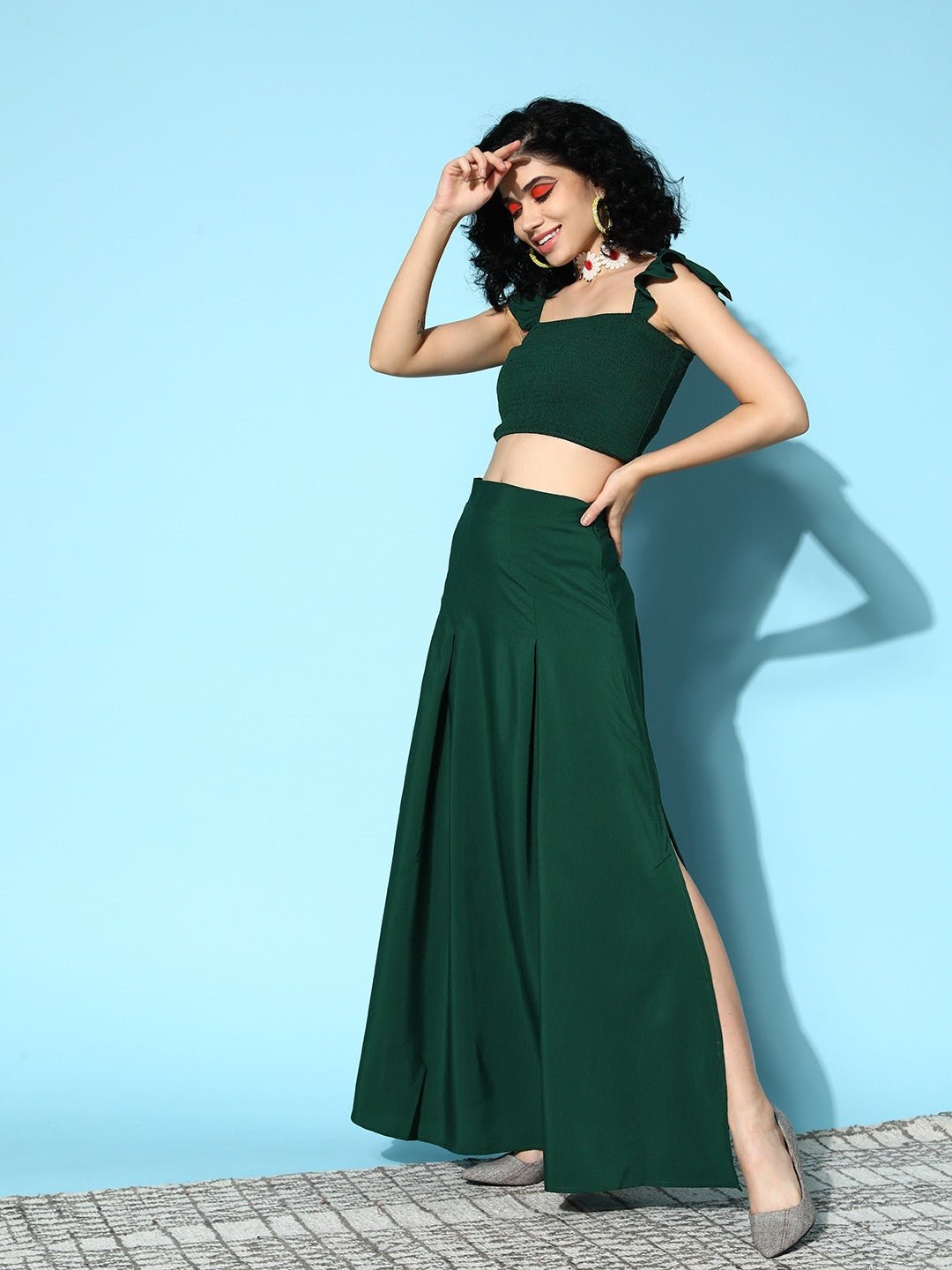 Folk Republic Women Solid Green Square Neck Smocked Crop Top & Thigh-High Slit Maxi Skirt Co-Ord Dress - #folk republic#