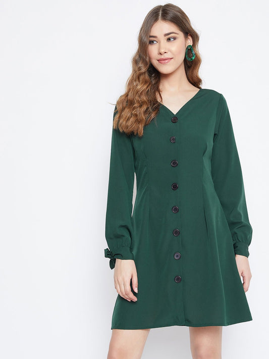 Folk Republic Women Solid Green Tie-Knot Sleeves Buttoned Mini Dress - #folk republic#