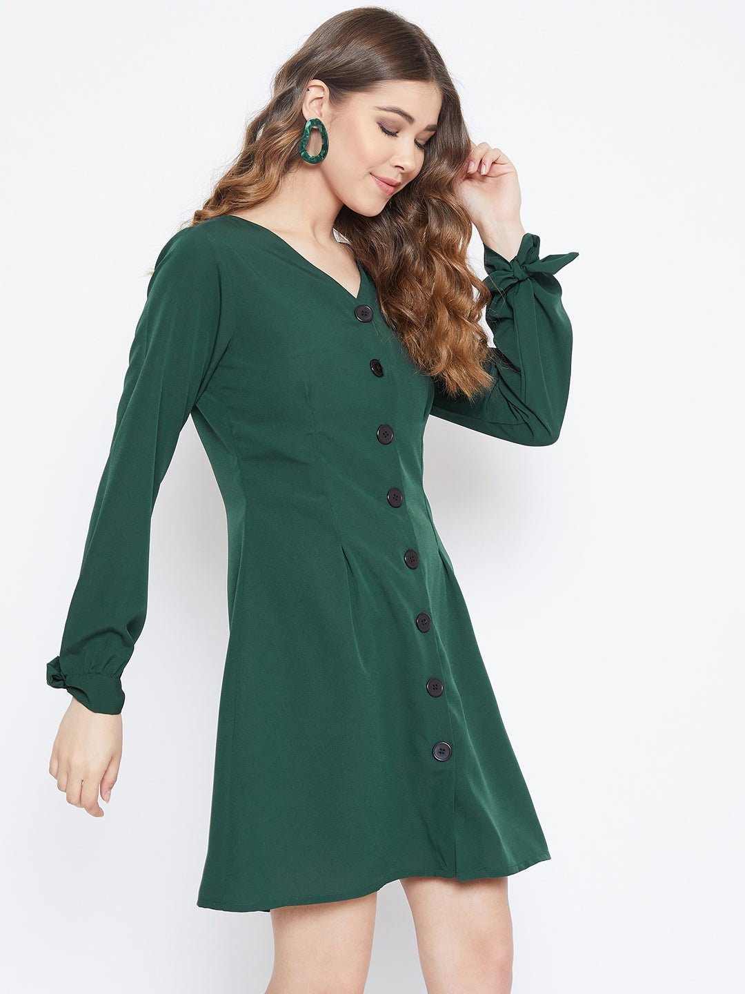 Folk Republic Women Solid Green Tie-Knot Sleeves Buttoned Mini Dress - #folk republic#