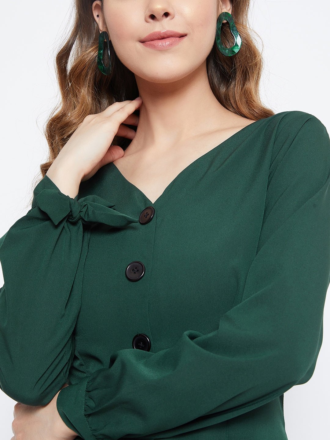 Folk Republic Women Solid Green Tie-Knot Sleeves Buttoned Mini Dress - #folk republic#