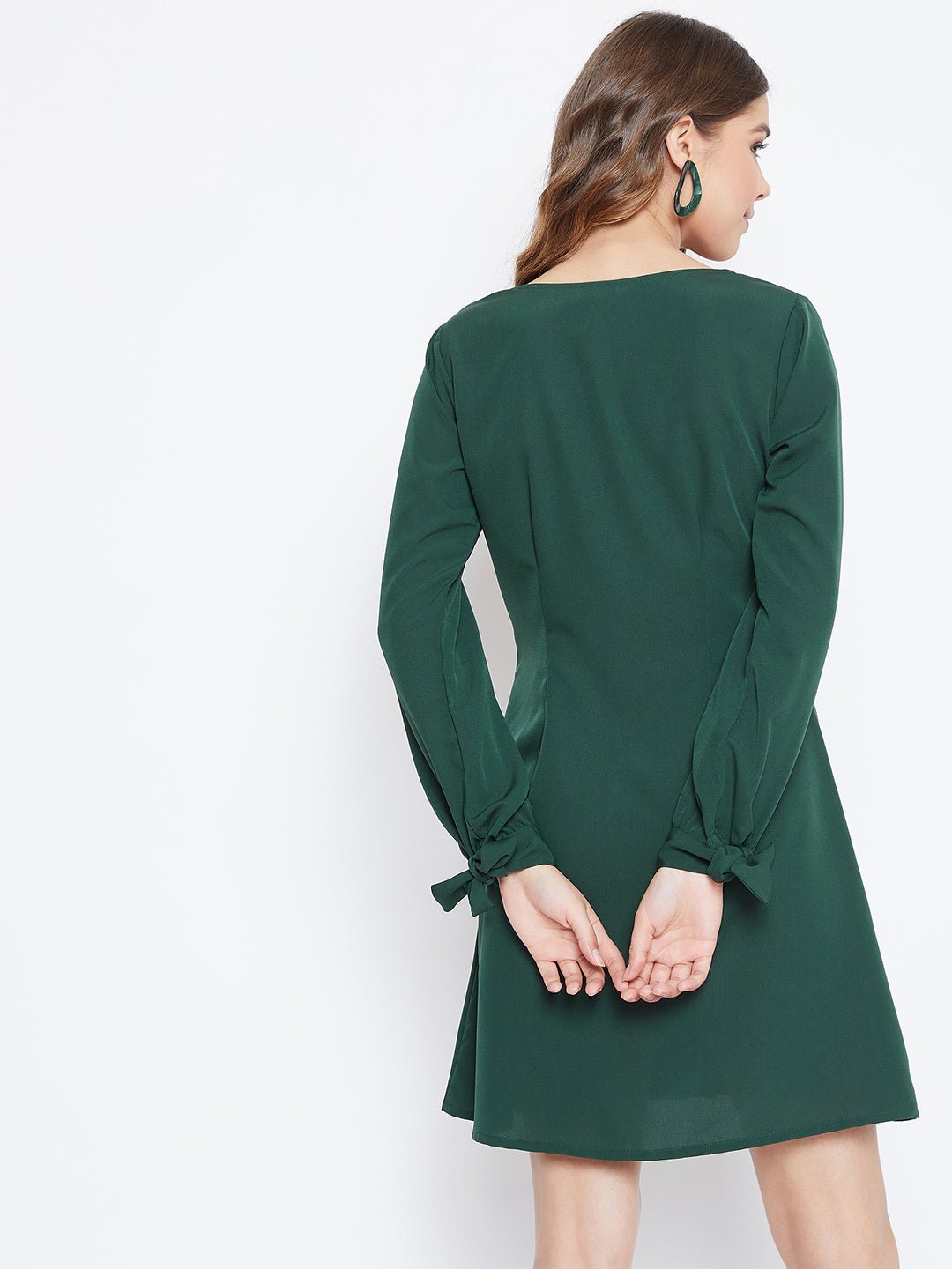 Folk Republic Women Solid Green Tie-Knot Sleeves Buttoned Mini Dress - #folk republic#