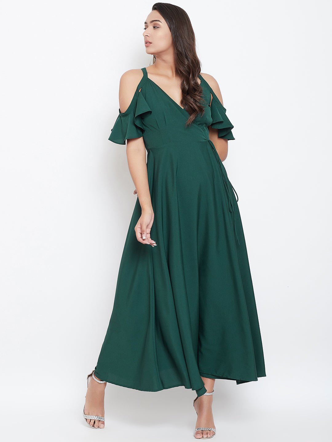 Folk Republic Women Solid Green V-Neck Cold-Shoulder Maxi Dress - #folk republic#