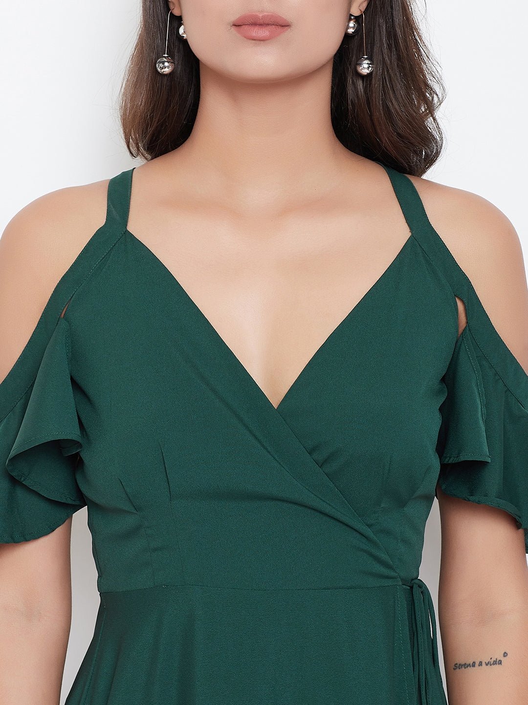 Folk Republic Women Solid Green V-Neck Cold-Shoulder Maxi Dress - #folk republic#