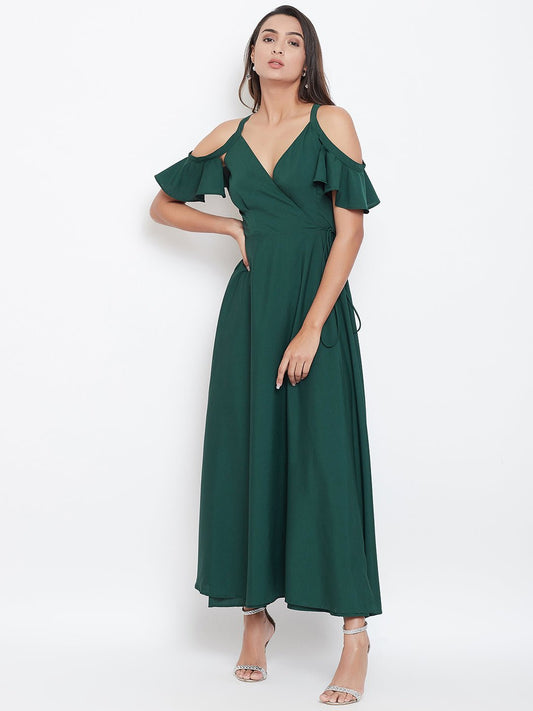 Folk Republic Women Solid Green V-Neck Cold-Shoulder Maxi Dress - #folk republic#