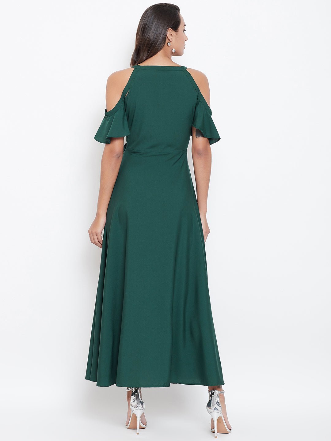 Folk Republic Women Solid Green V-Neck Cold-Shoulder Maxi Dress - #folk republic#