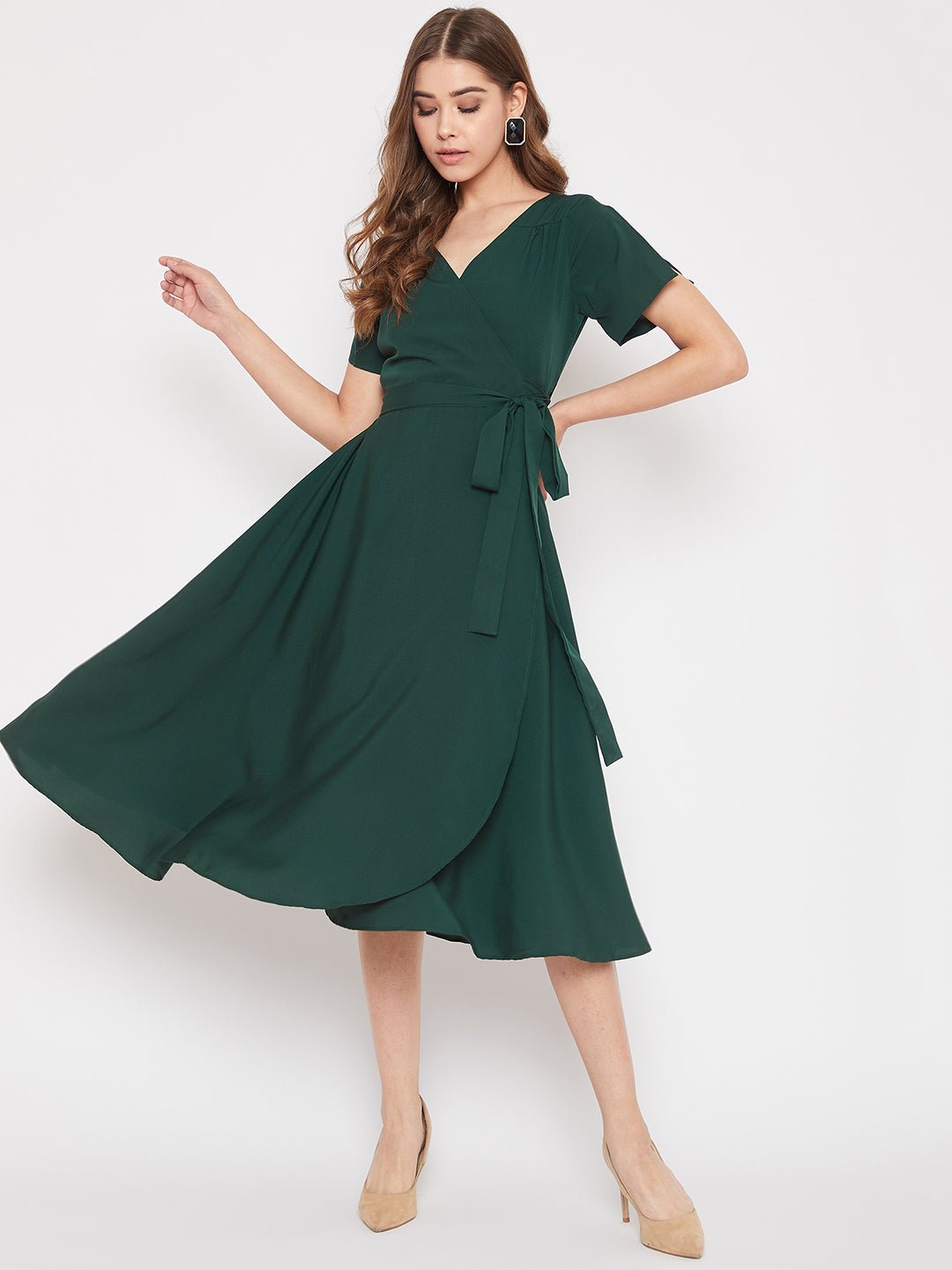 Folk Republic Women Solid Green V-Neck Flared Wrap A-Line Midi Dress - #folk republic#