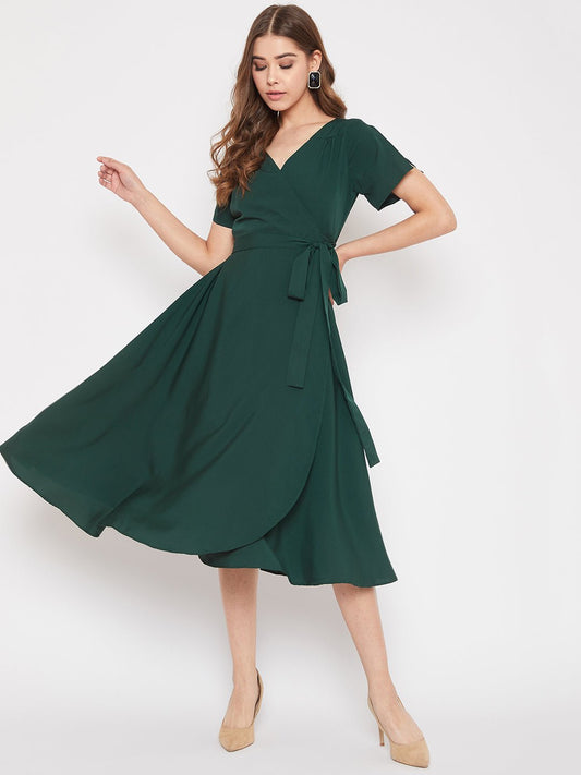 Folk Republic Women Solid Green V-Neck Flared Wrap A-Line Midi Dress - #folk republic#