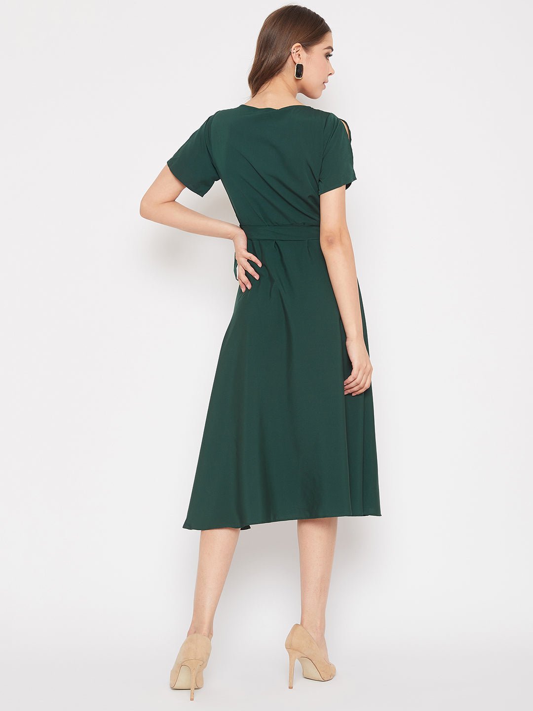 Folk Republic Women Solid Green V-Neck Flared Wrap A-Line Midi Dress - #folk republic#
