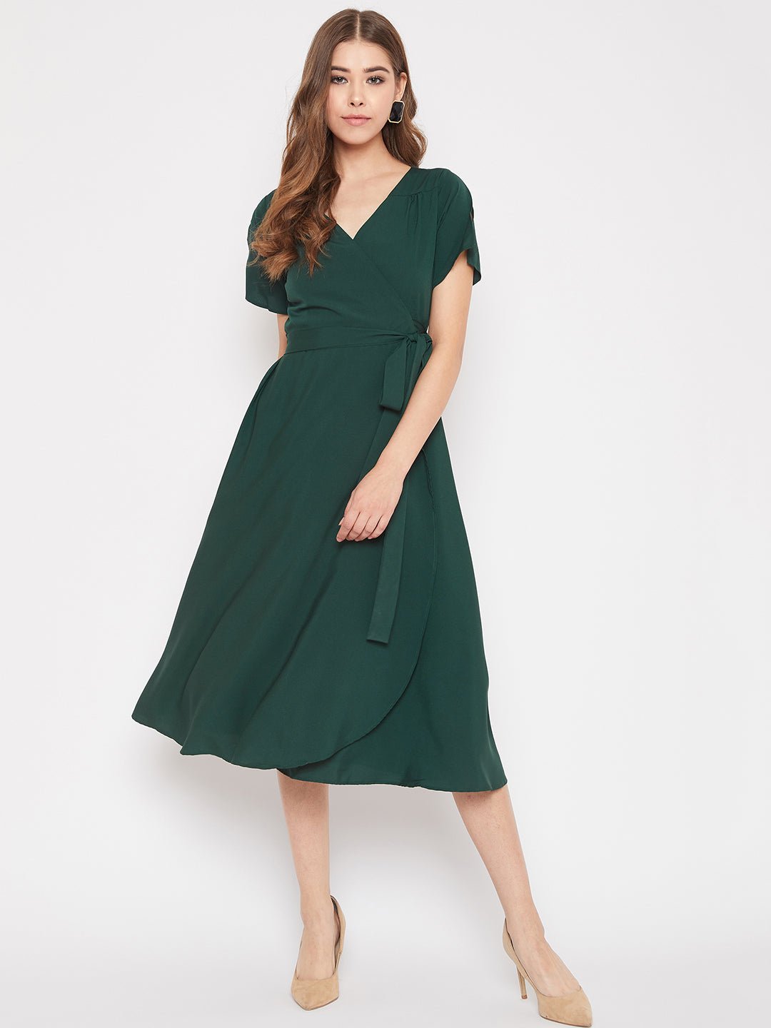 Folk Republic Women Solid Green V-Neck Flared Wrap A-Line Midi Dress - #folk republic#