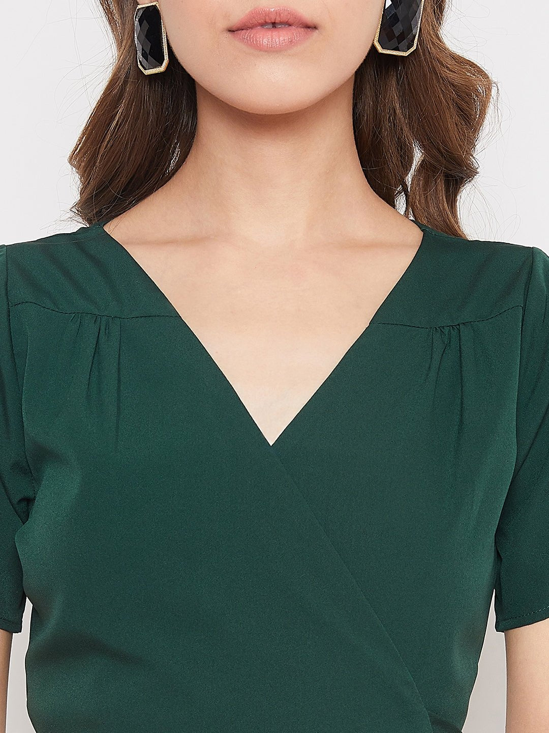 Folk Republic Women Solid Green V-Neck Flared Wrap A-Line Midi Dress - #folk republic#