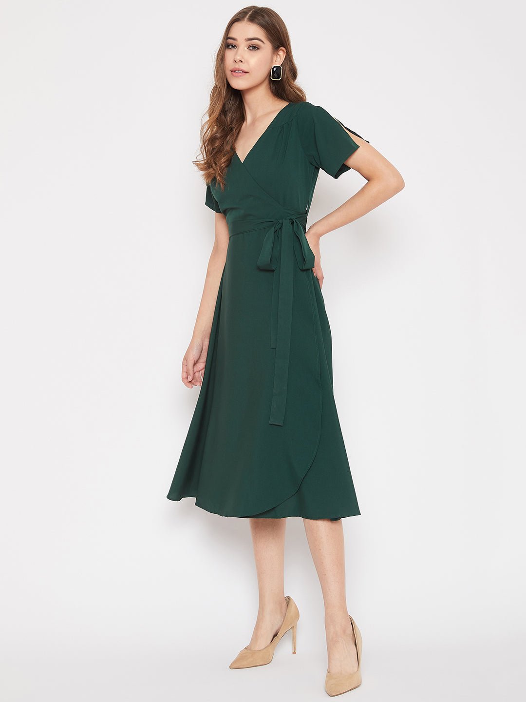Folk Republic Women Solid Green V-Neck Flared Wrap A-Line Midi Dress - #folk republic#
