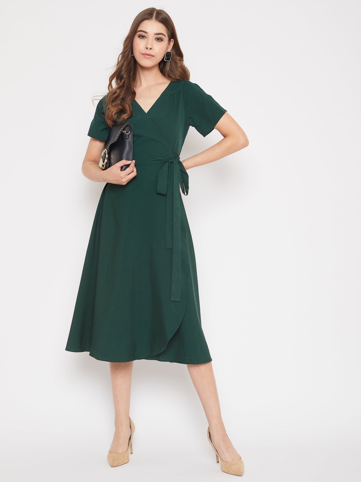 Folk Republic Women Solid Green V-Neck Flared Wrap A-Line Midi Dress - #folk republic#