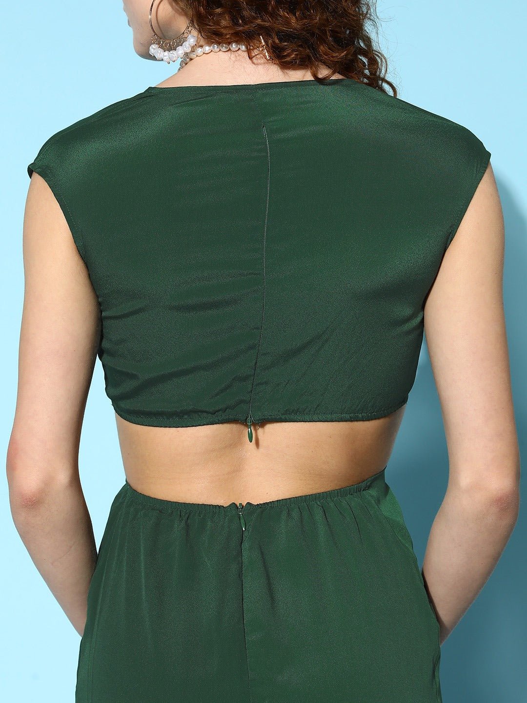 Folk Republic Women Solid Green V-Neck Satin Cutout Thigh-High Hem Pleated A-Line Maxi Dress - #folk republic#
