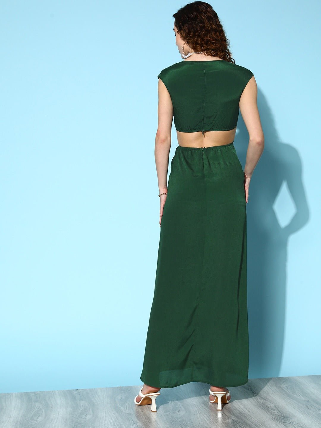 Folk Republic Women Solid Green V-Neck Satin Cutout Thigh-High Hem Pleated A-Line Maxi Dress - #folk republic#
