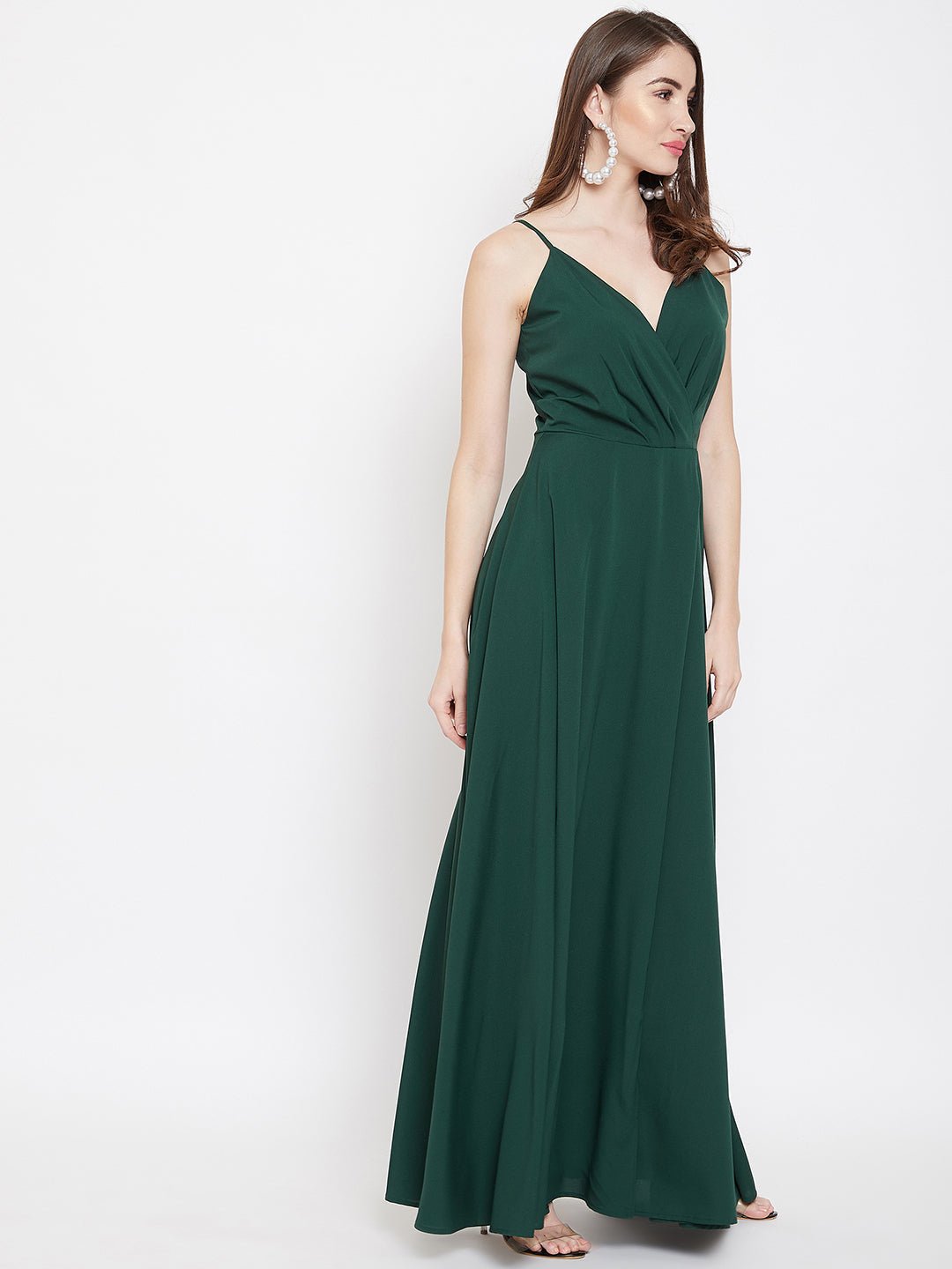 Folk Republic Women Solid Green V-Neck Sleeveless Crepe Thigh-High Slit A-Line Maxi Dress - #folk republic#