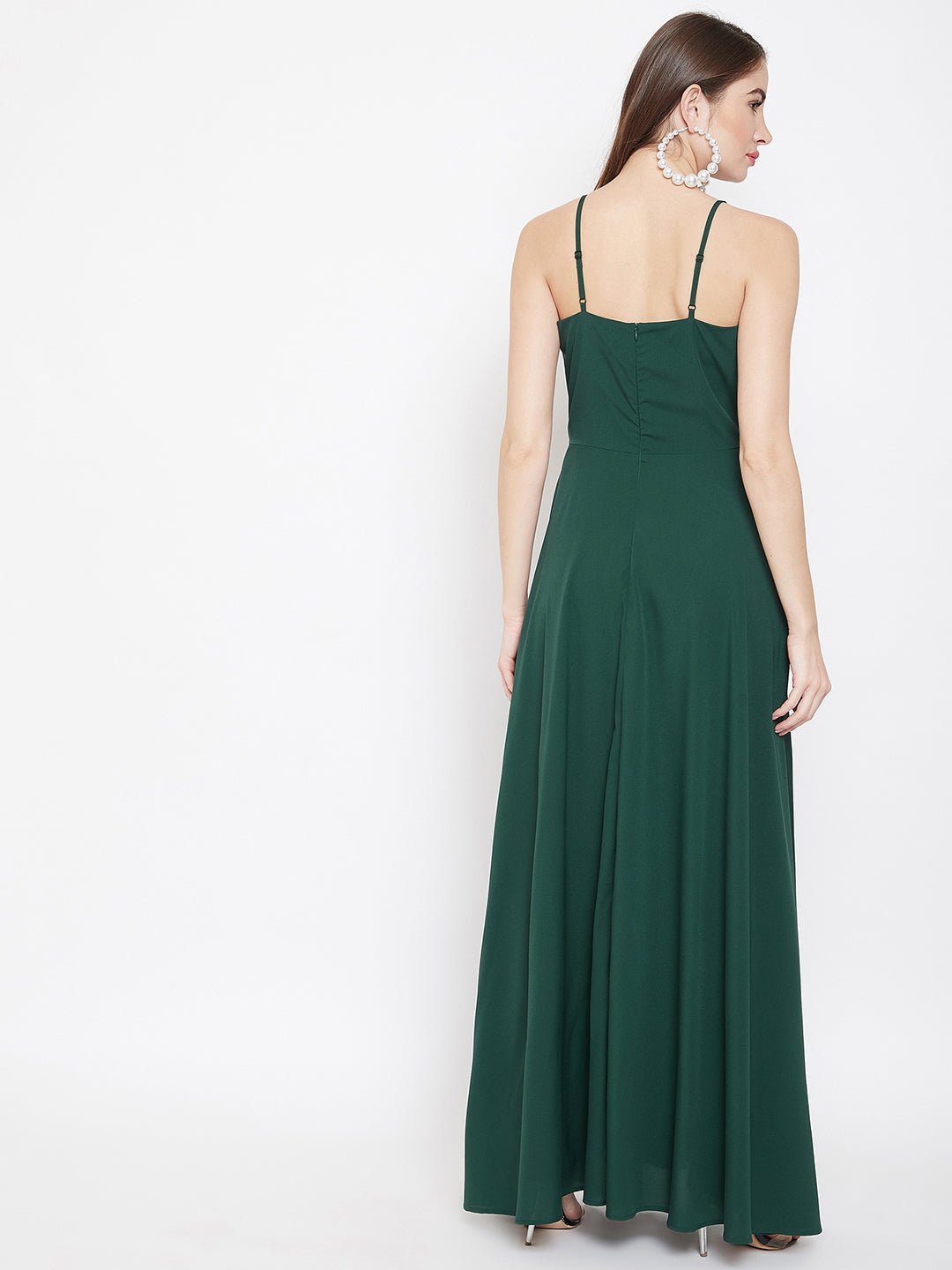 Folk Republic Women Solid Green V-Neck Sleeveless Crepe Thigh-High Slit A-Line Maxi Dress - #folk republic#