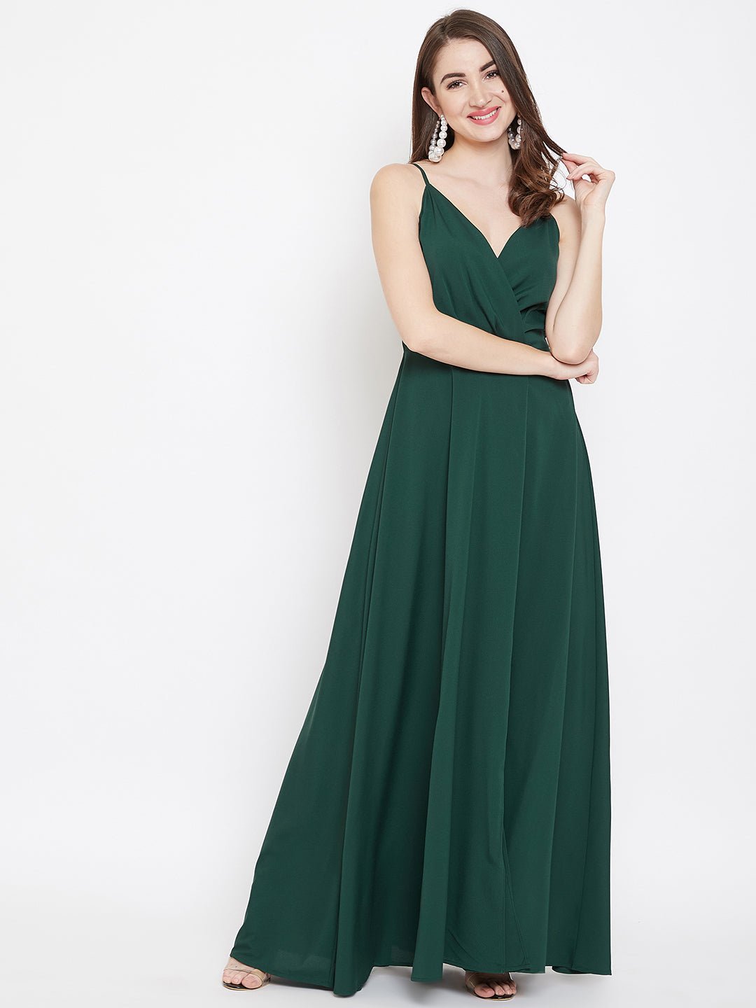 Folk Republic Women Solid Green V-Neck Sleeveless Crepe Thigh-High Slit A-Line Maxi Dress - #folk republic#