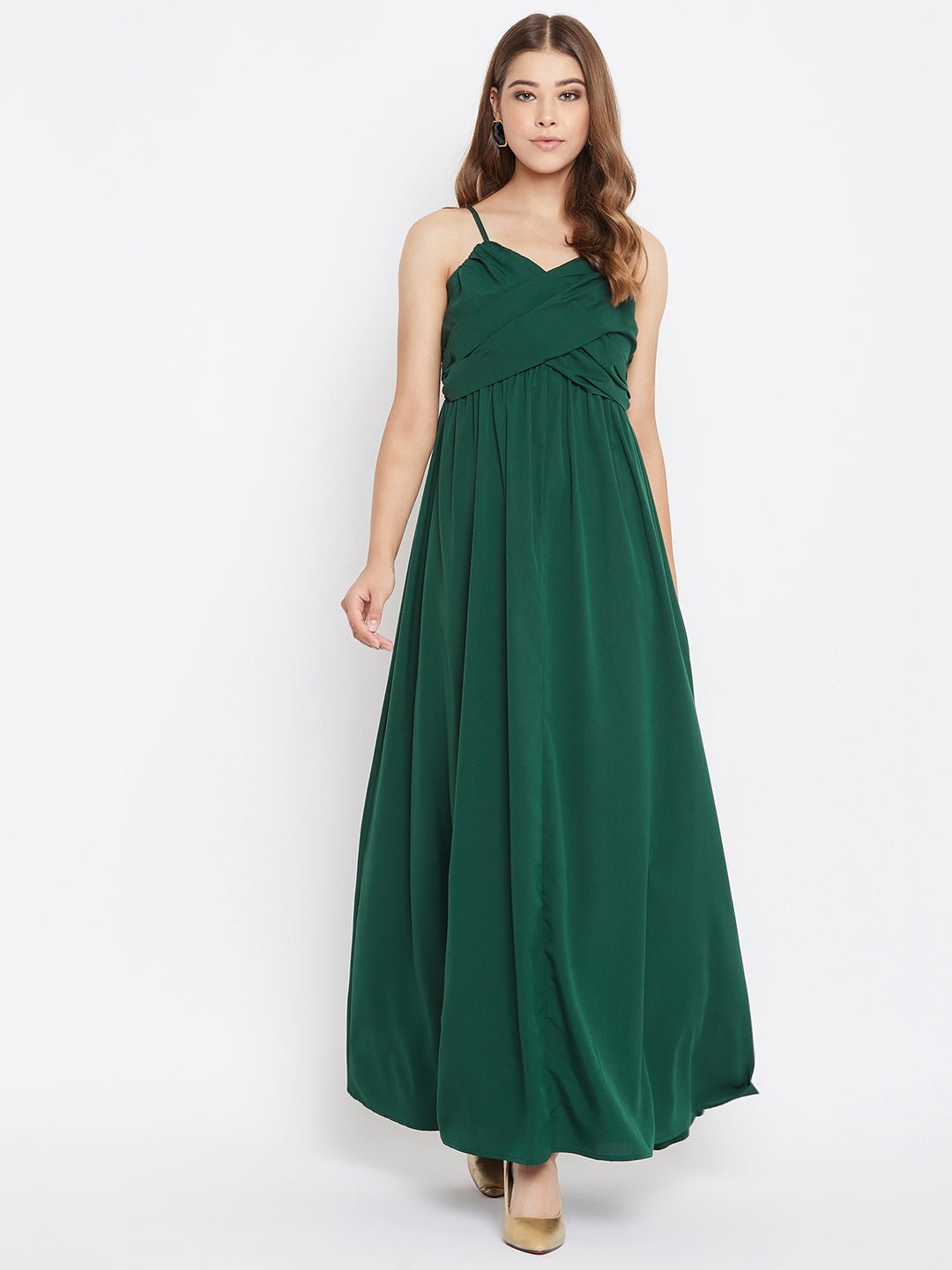 Folk Republic Women Solid Green V-Neck Sleeveless Ruched Maxi Dress - #folk republic#