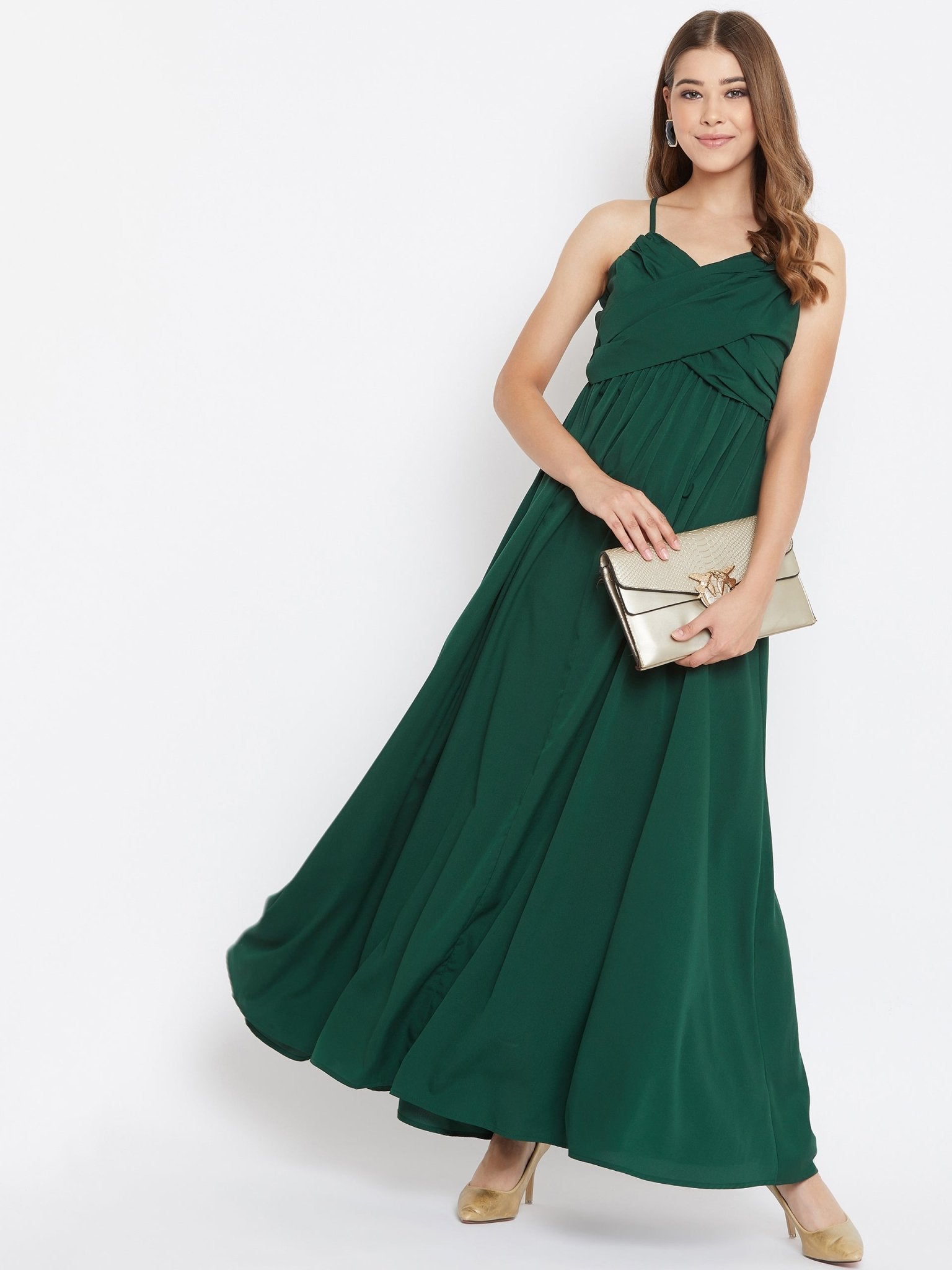 Folk Republic Women Solid Green V-Neck Sleeveless Ruched Maxi Dress - #folk republic#