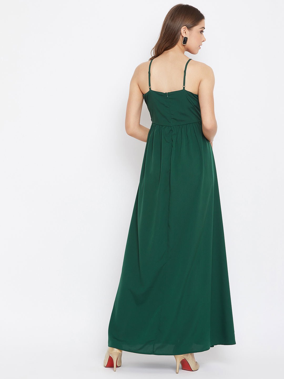 Folk Republic Women Solid Green V-Neck Sleeveless Ruched Maxi Dress - #folk republic#