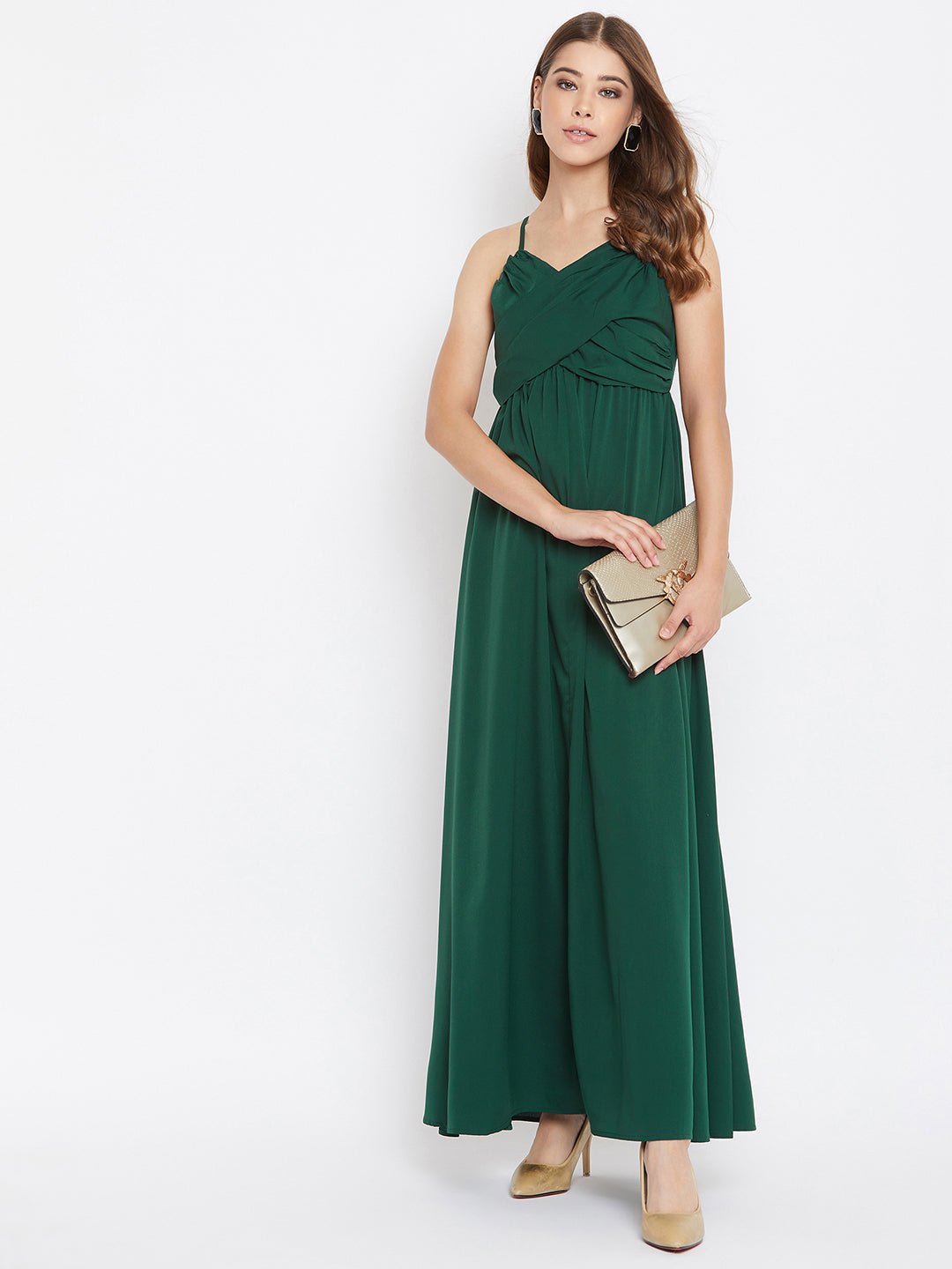 Folk Republic Women Solid Green V-Neck Sleeveless Ruched Maxi Dress - #folk republic#