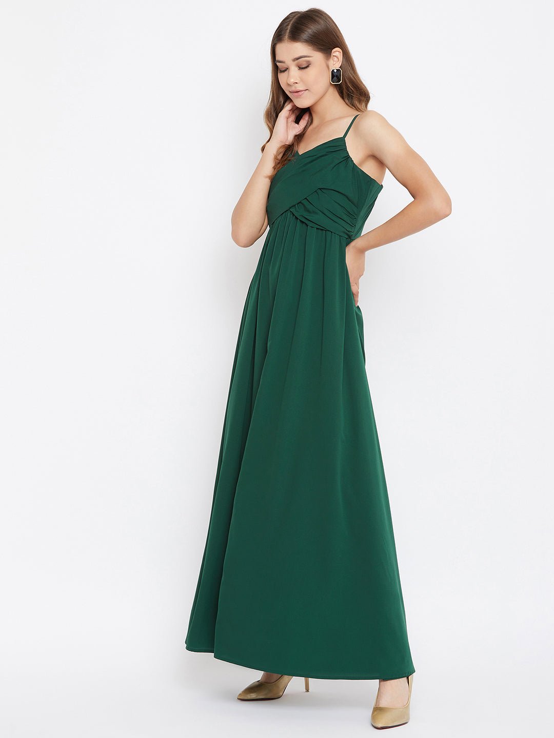 Folk Republic Women Solid Green V-Neck Sleeveless Ruched Maxi Dress - #folk republic#