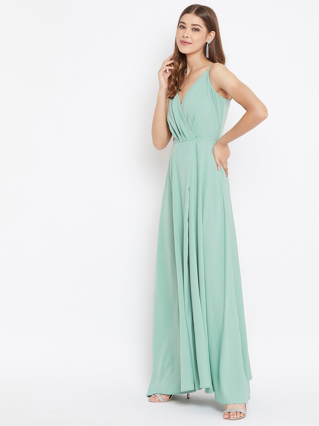 Folk Republic Women Solid Green V-Neck Thigh-High Slit Flared Maxi Dress - #folk republic#