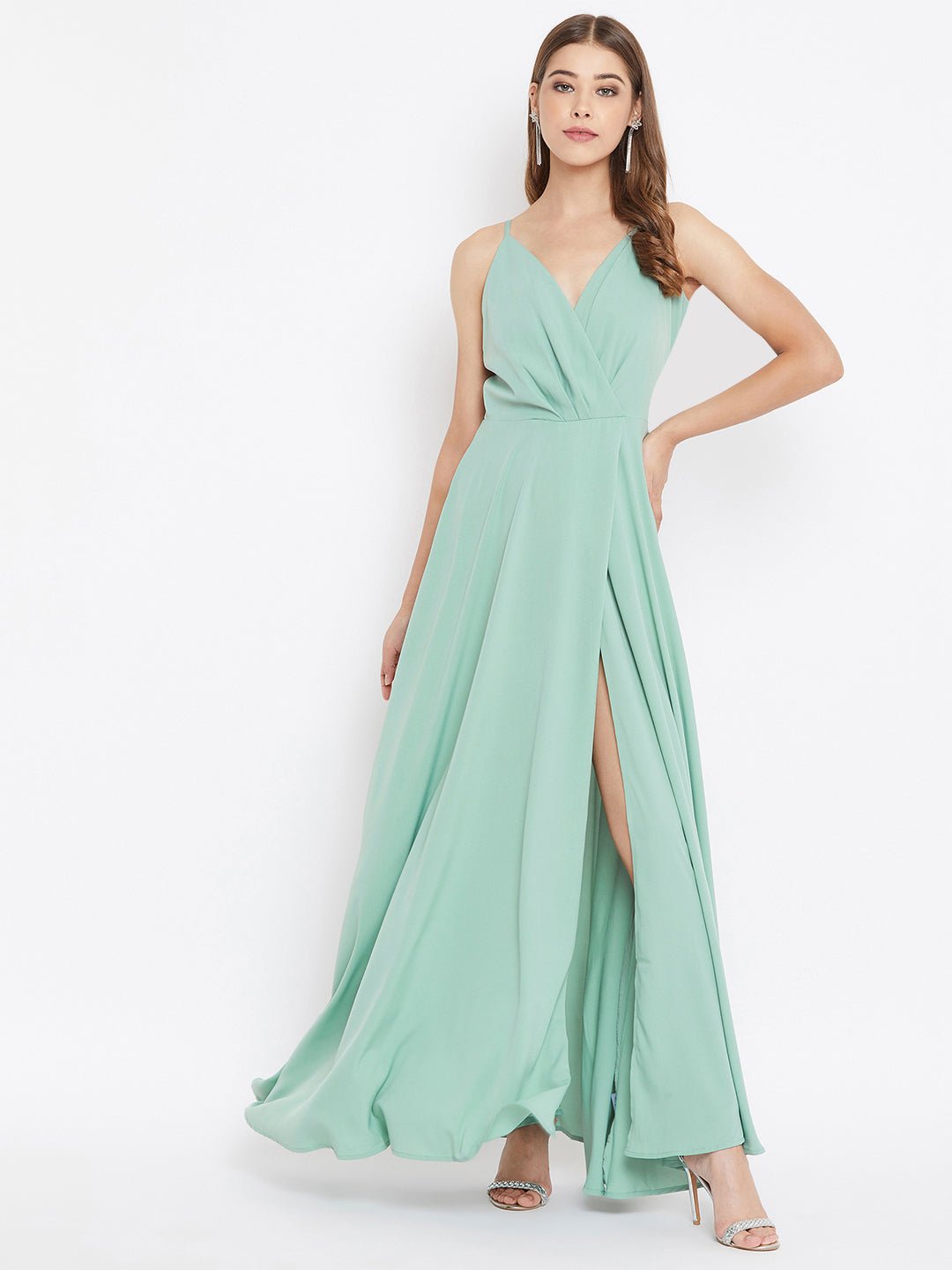 Folk Republic Women Solid Green V-Neck Thigh-High Slit Flared Maxi Dress - #folk republic#