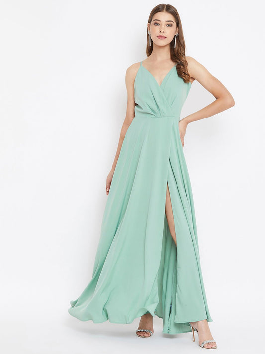 Folk Republic Women Solid Green V-Neck Thigh-High Slit Flared Maxi Dress - #folk republic#