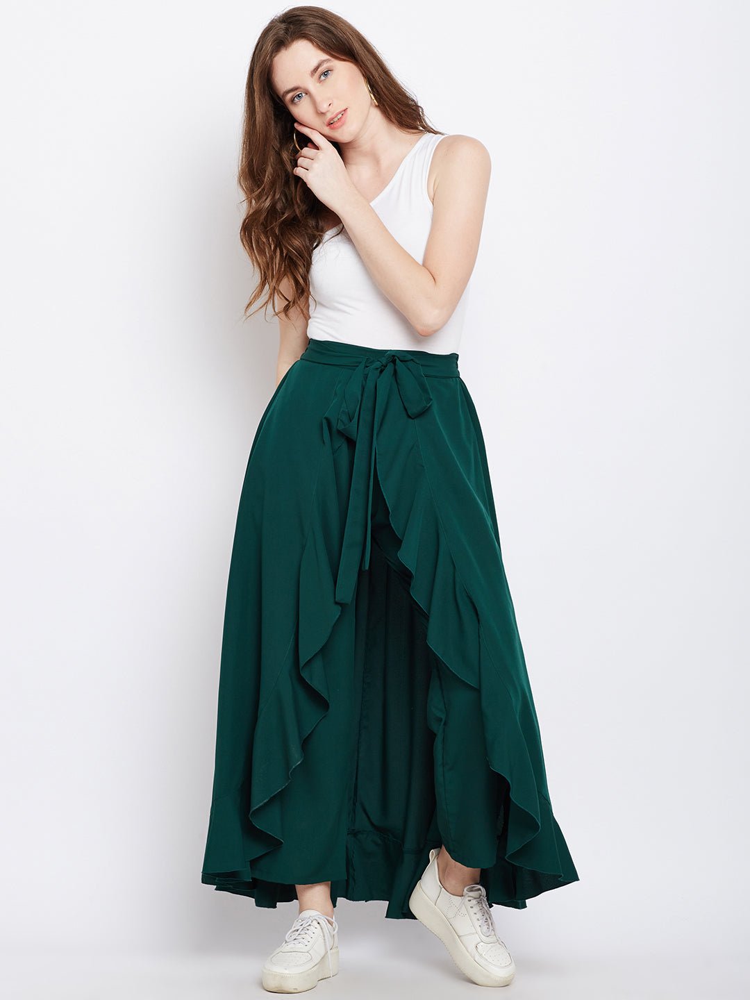 Folk Republic Women Solid Green Waist Tie-Up Ruffled Maxi Skirt with Attached Trousers - #folk republic#